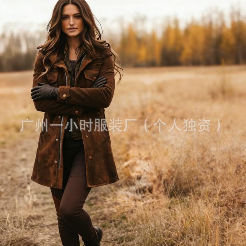 Womens Retro Brown Suede Jacket Loose Fit Mid-Length Casual Coat With Lapel Collar Zipper