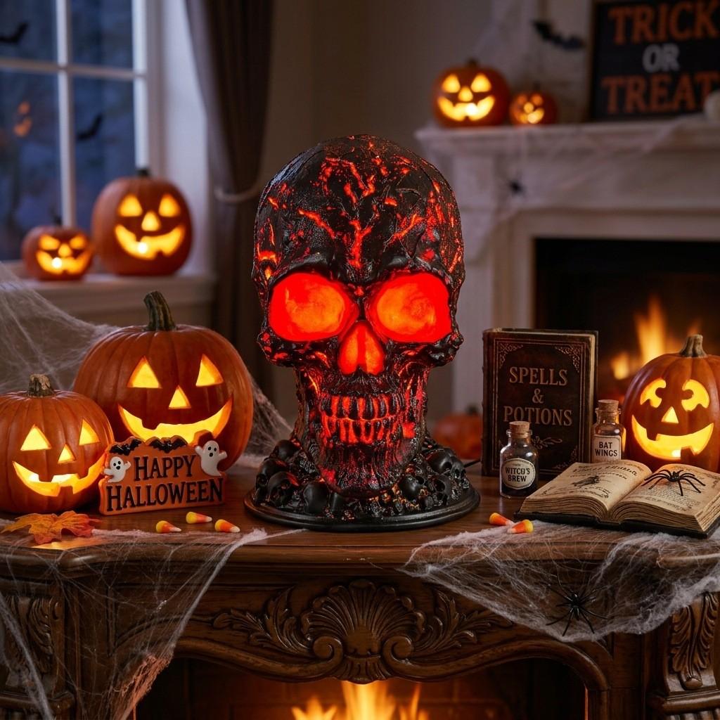 Halloween Skull Light Resin Garden Decor With Led For Outdoor Yard Ambiance