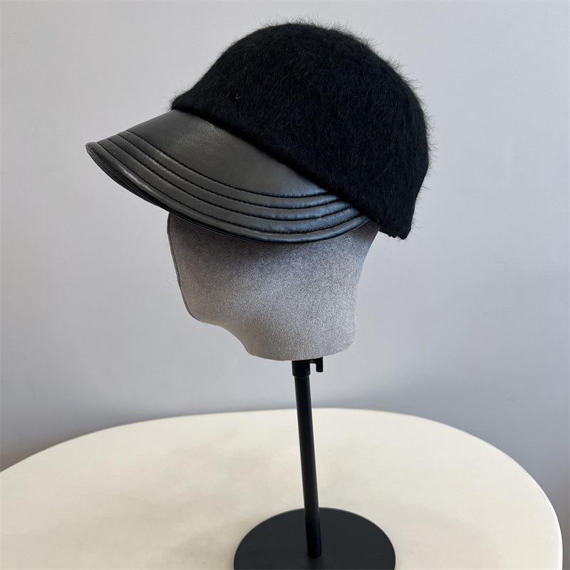 Rabbit Fur Knitted Splicing Leather Brim Equestrian Hat Autumn and Winter Women's Literary and Artistic Face Small Peaked Cap Tide
