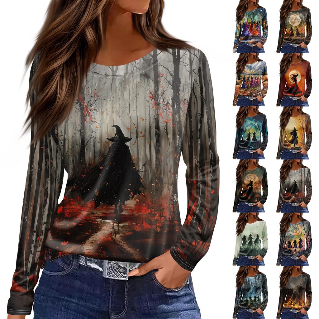 Women's Halloween Print Long Sleeve Top with Side Slit Hem, Round Neck