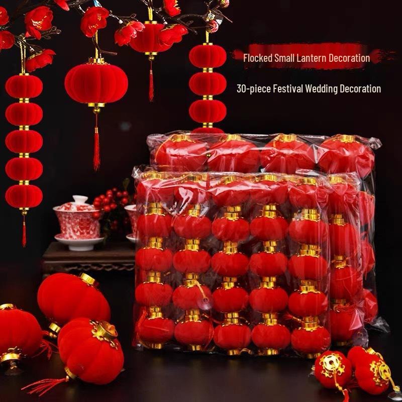Small Red Wedding Lanterns: Flocked Round Lanterns for New Year, Hanging Ornaments, Bonsai & Balcony Decor Strings