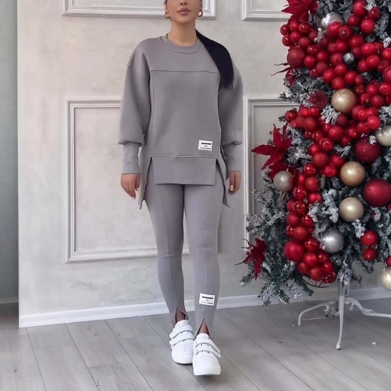 Set Due Pezzi Donna Felpa Irregolare Maniche Lunghe Pullover Top Pantaloni Autunno Inverno Lady Tinta Unita Largo Outfit M L