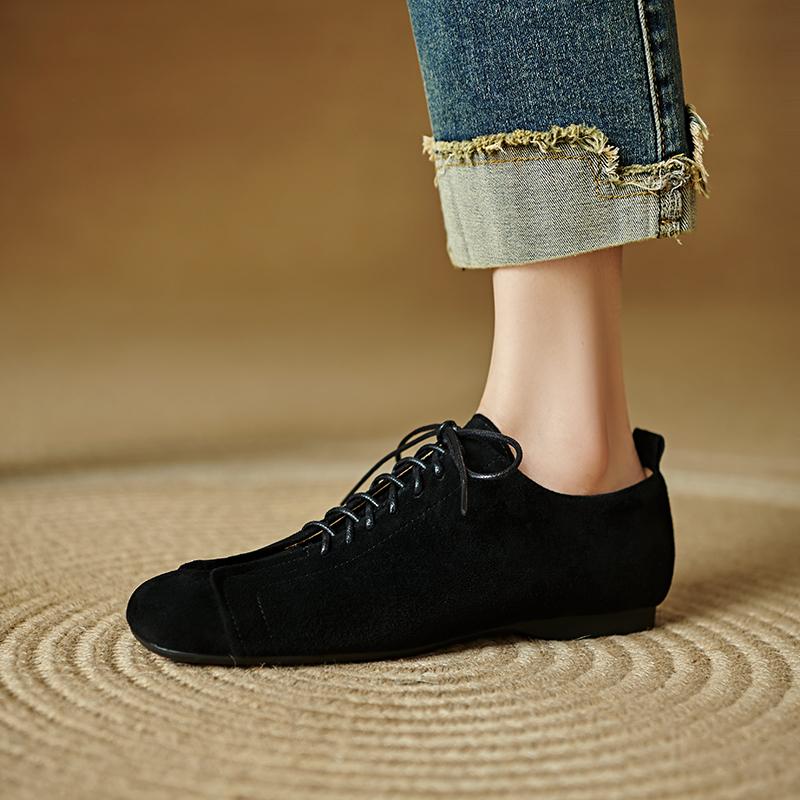 Fashion 2025 Spring New Women Lace-up Low Heel Square Toe Basic Casual Working Comfortable Soft Sheep Suede Leather Shoes Woman Concise