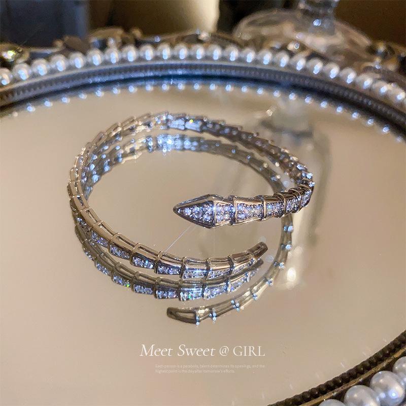 European & American Zircon Snake Bone Silver Bangle - Women's Fashion Niche Design Open Cuff