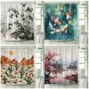 Japanese Style Shower Curtains Green Bamboo Koi Carp Tropical Cactus Mountain Water Landscape Fabric Bathroom Decor with Hooks