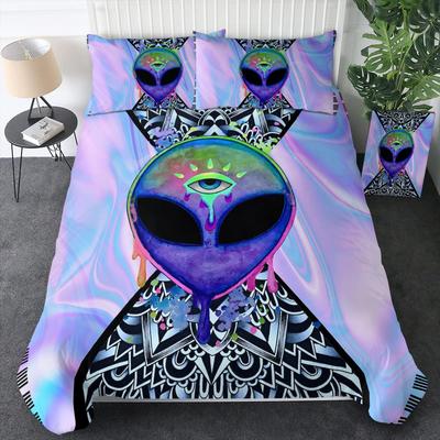 Ensemble Housse de Couette Trippy Alien Queen Ensemble de Literie Crâne d'Alien Psychédélique Espace Aquarelle Coloré Couvre-lit Taille Queen Cadeau Alien
