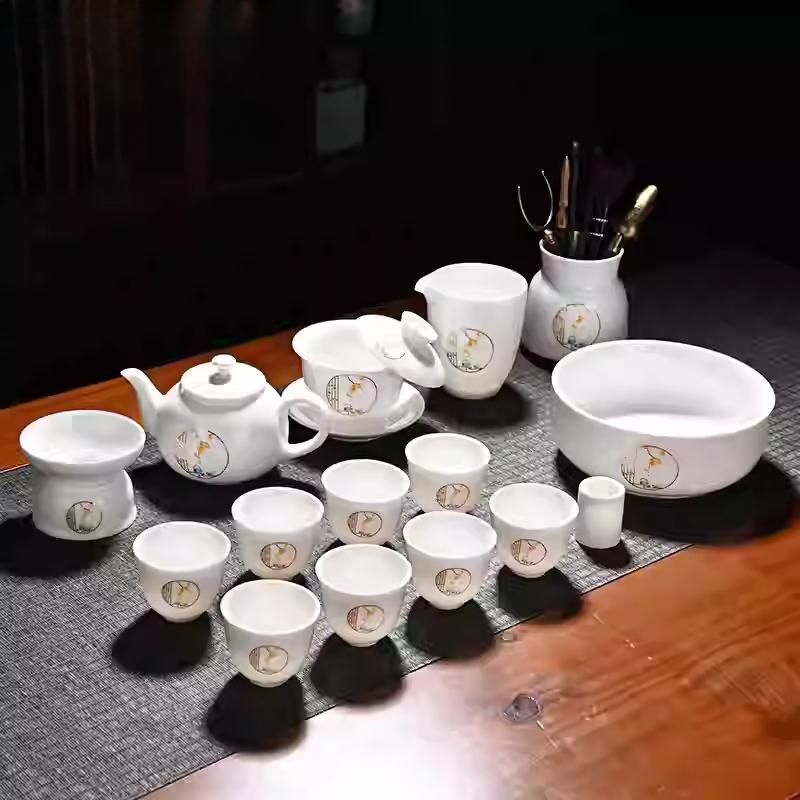 Goat Jade Tea Set Kung Fu Set Chinese Light Luxury Tea Calendars Teacups Office White Porcelain Teapot Covered Bowl Set