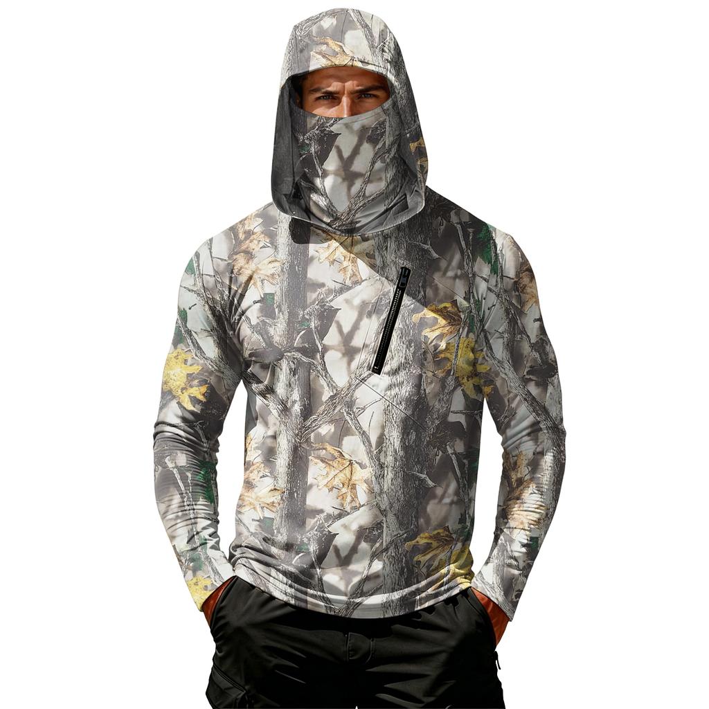 Men's Casual Leaf Camouflage Print Hooded Long Sleeve Sun Protection Shirt Lightweight Breathable Outdoor Top with Zipper Pocket