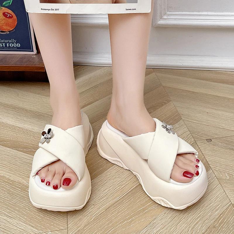 Fashion 8CM Women Summer Crystal Chunky Slippers High Heels Flip Flops Thick-Bottom Bling Sandals Wedges Platform Beach Slides Zapatos