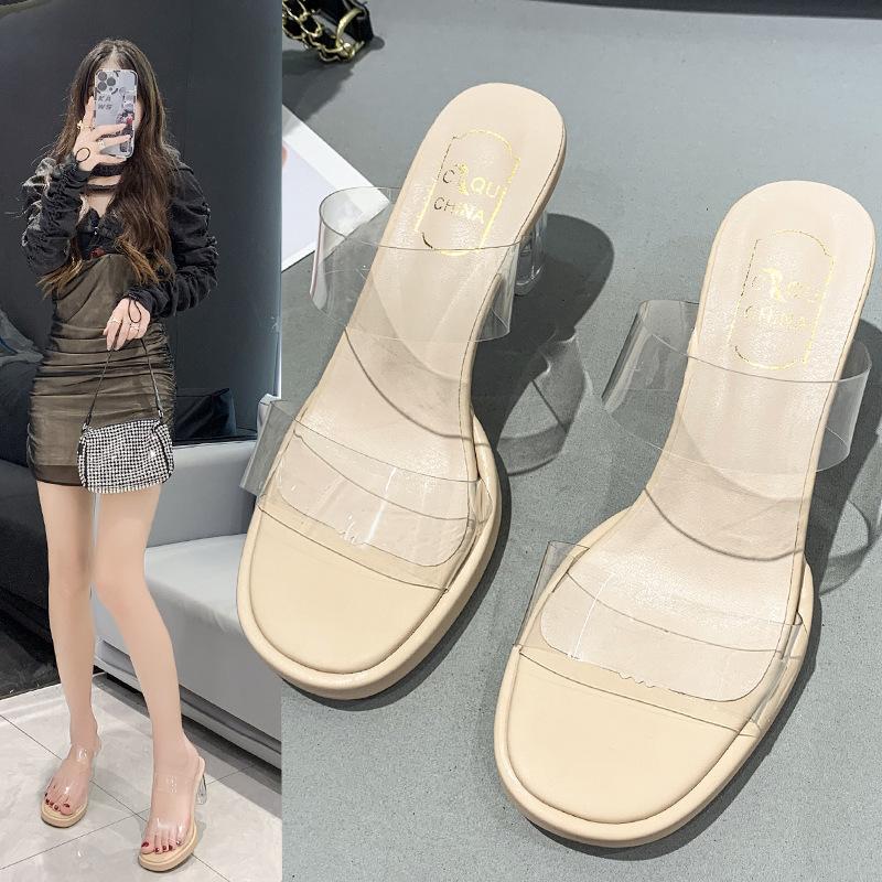 2025 new crystal sense word belt women's summer small wear high heels transparent slippers public design thick heel sandals