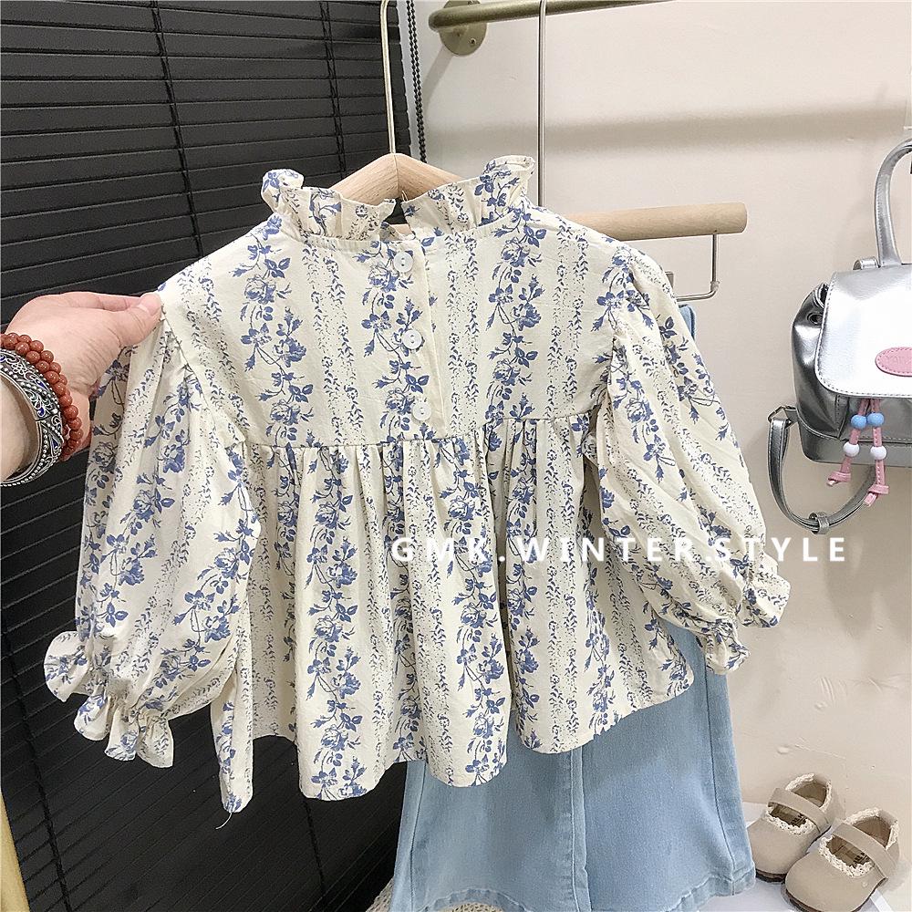Korean Girls' Floral Blouse & Denim Flare Pants - Baby Doll Spring/Autumn Outfit