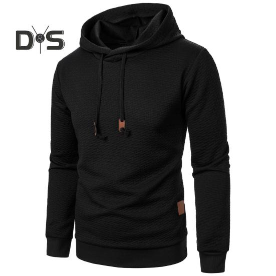 Men Fall Winter Hoodie Solid Color Drawstring Long Sleeves Jacquard Design Hooded Elastic Cuff And Hem Thin Daily Wear Casual Sport Top