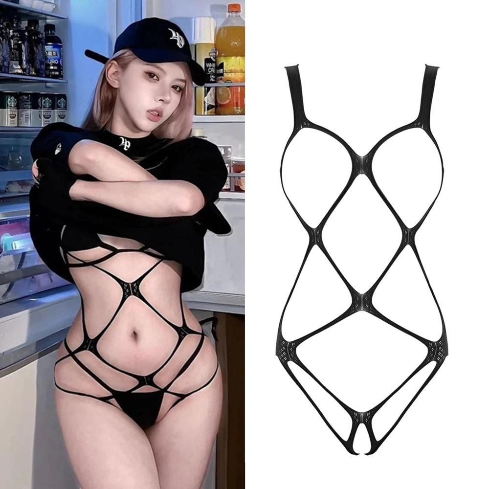 Black Sexy Fishnet Body Stockings Women Sexy Open Crotch Underwear Hollow Out Transparent Bodysuit Lingerie Porn Erotic Costumes