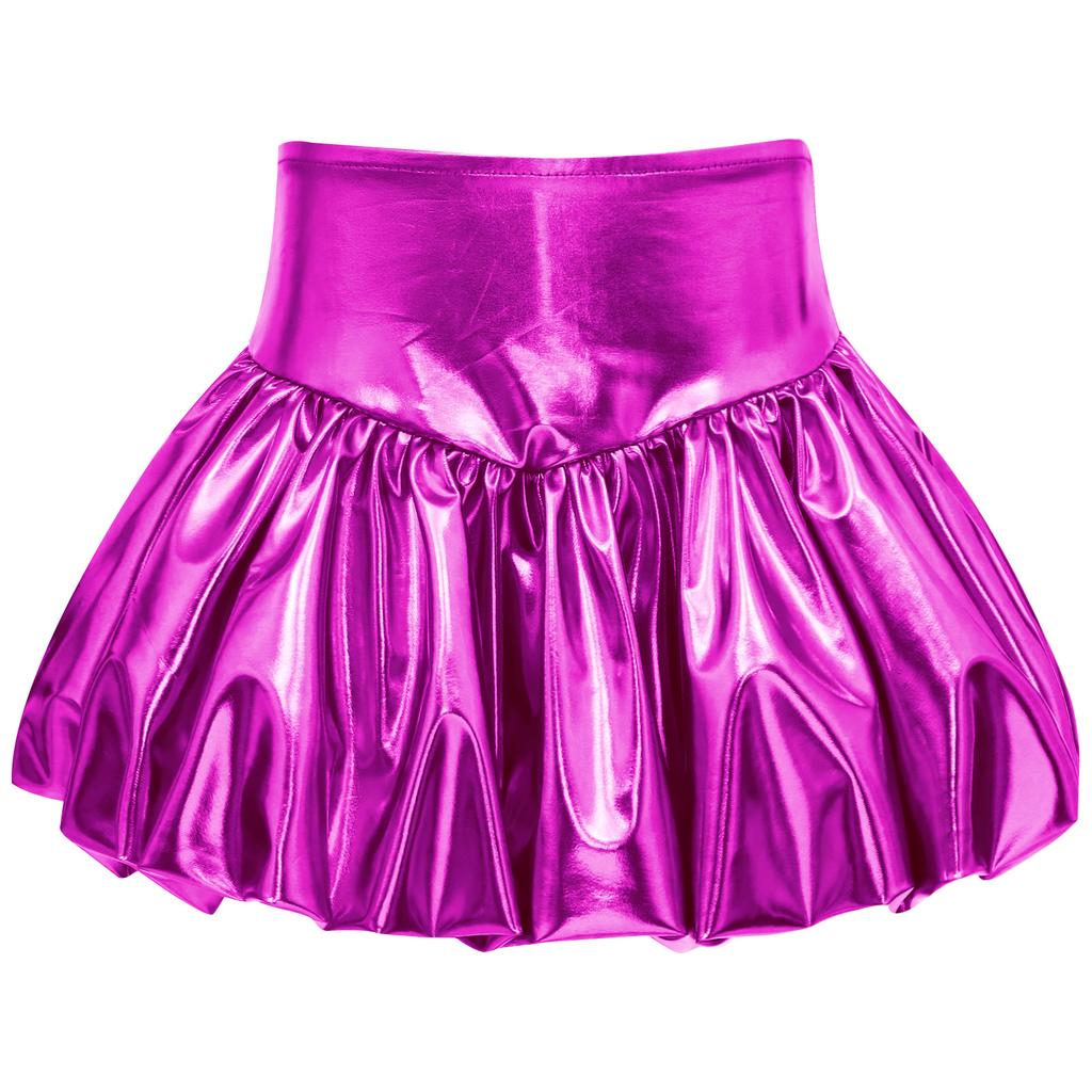 Girls Metallic Bubble Skirt Elastic Waistband Shiny Bud Skirt Sparkly Performance Costume