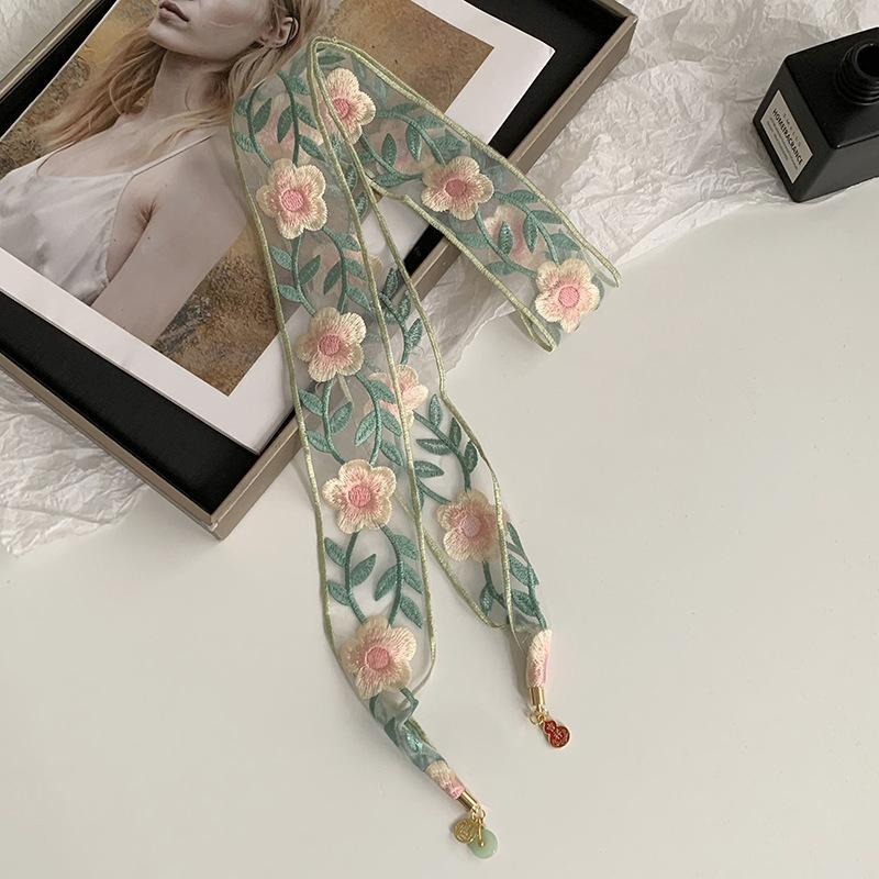 Embroidered Lace Silk Scarf Premium Pendant Small Scarf Tie Bag Ribbon Rose Lace Mesh Headscarf Headband Hair Accessories