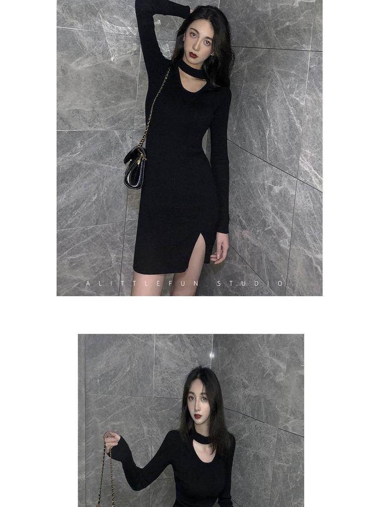 2022 Pure Desire Black Slim Hollow-Out Club Dress - Spring & Autumn Collection, Sexy Plus Size Bottom Skirt