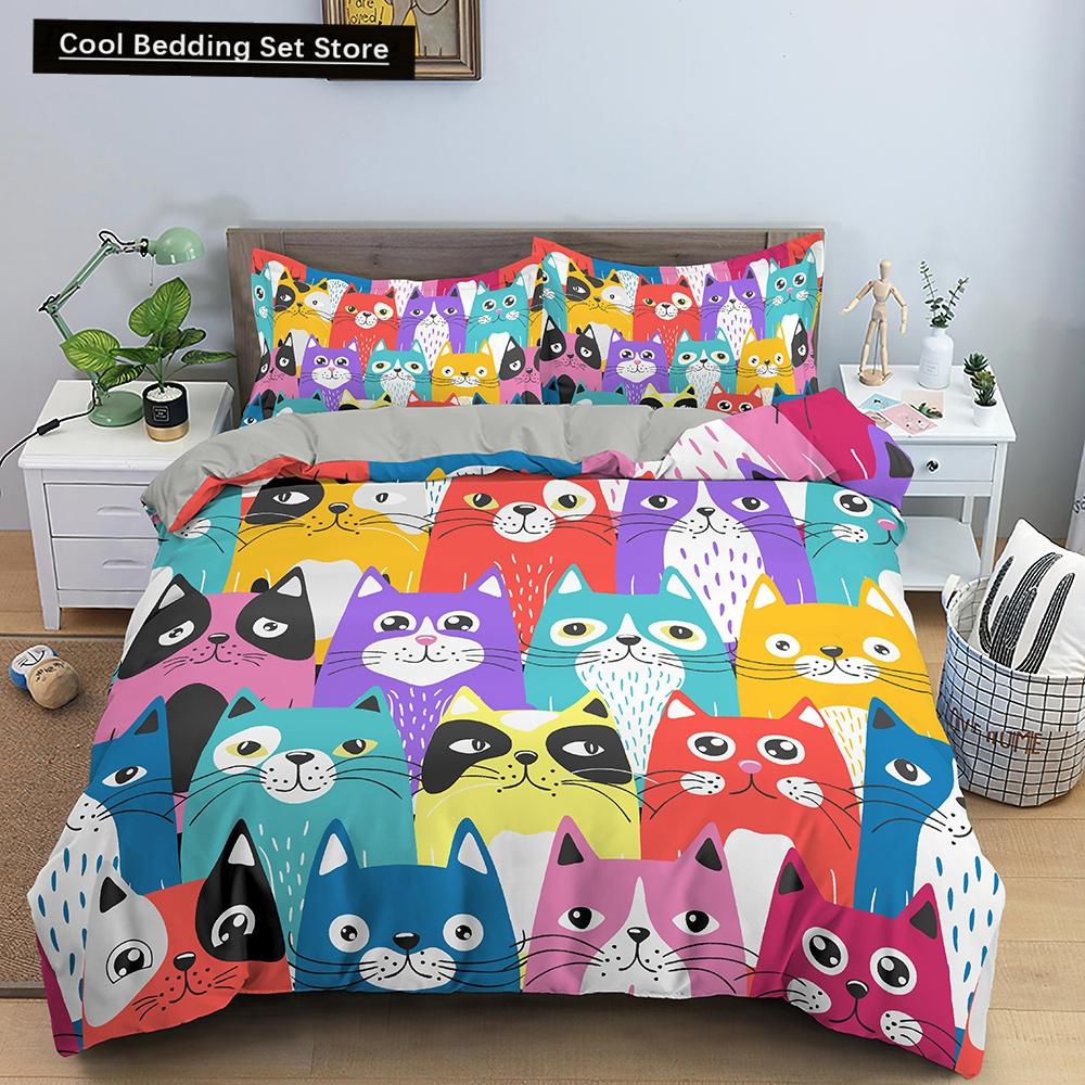 Comforter Cartoon Cat King Queen Colorful Lovely Animal Bedding Set Kids Pet Kitty Soft Polyester Comforter