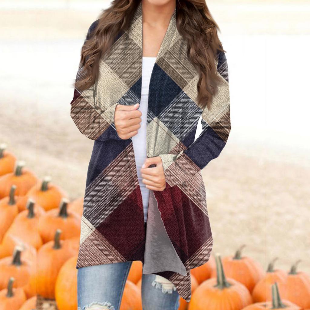 Damska codzienna moda w kratę, kardiganowa kurtka z półotwartym kołnierzykiem, średniej długości, z nieregularnym dołem