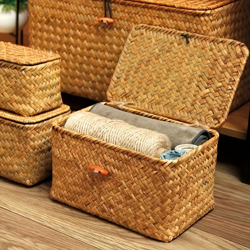 Vintage Hand Woven Storage Rack Basket, Cosmetic Gift Storage Box, Desktop Miscellaneous Storage Box Buckle Woven Storage Basket