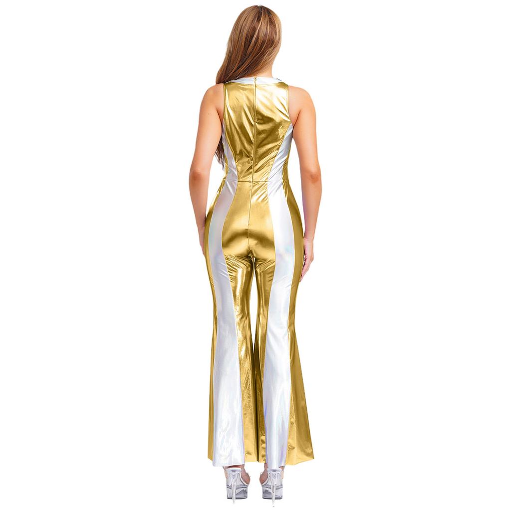 Womens Disco Jumpsuit 70s 80s Style Lapel V Neck Sleeveless Metallic Shiny Flared Pants Romper