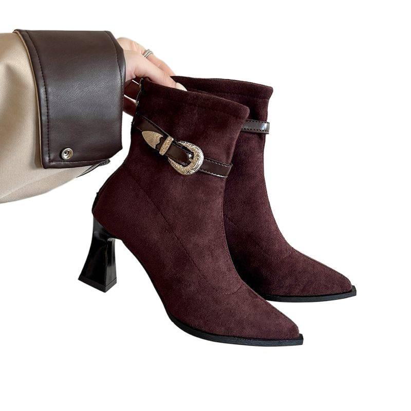Chic Autumn & Winter Frosted Leather Ankle Boots with Buckle, Pointed Toe, and Chunky Heel