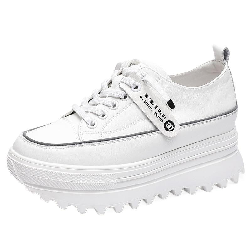 5.5cm Genuine Leather Wedge Heel Chunky Sneakers White Casual Comfortable Breathable Spring Autumn Shoes