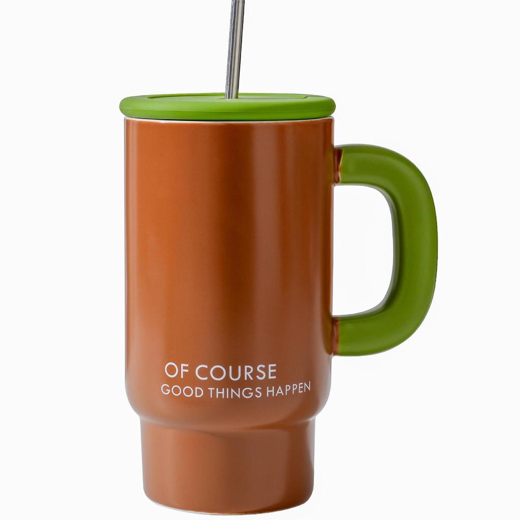 Large Capacity Ceramic Cup High Value Mug Simple Household Drinking Cup with Straw Office Student Couple Cup