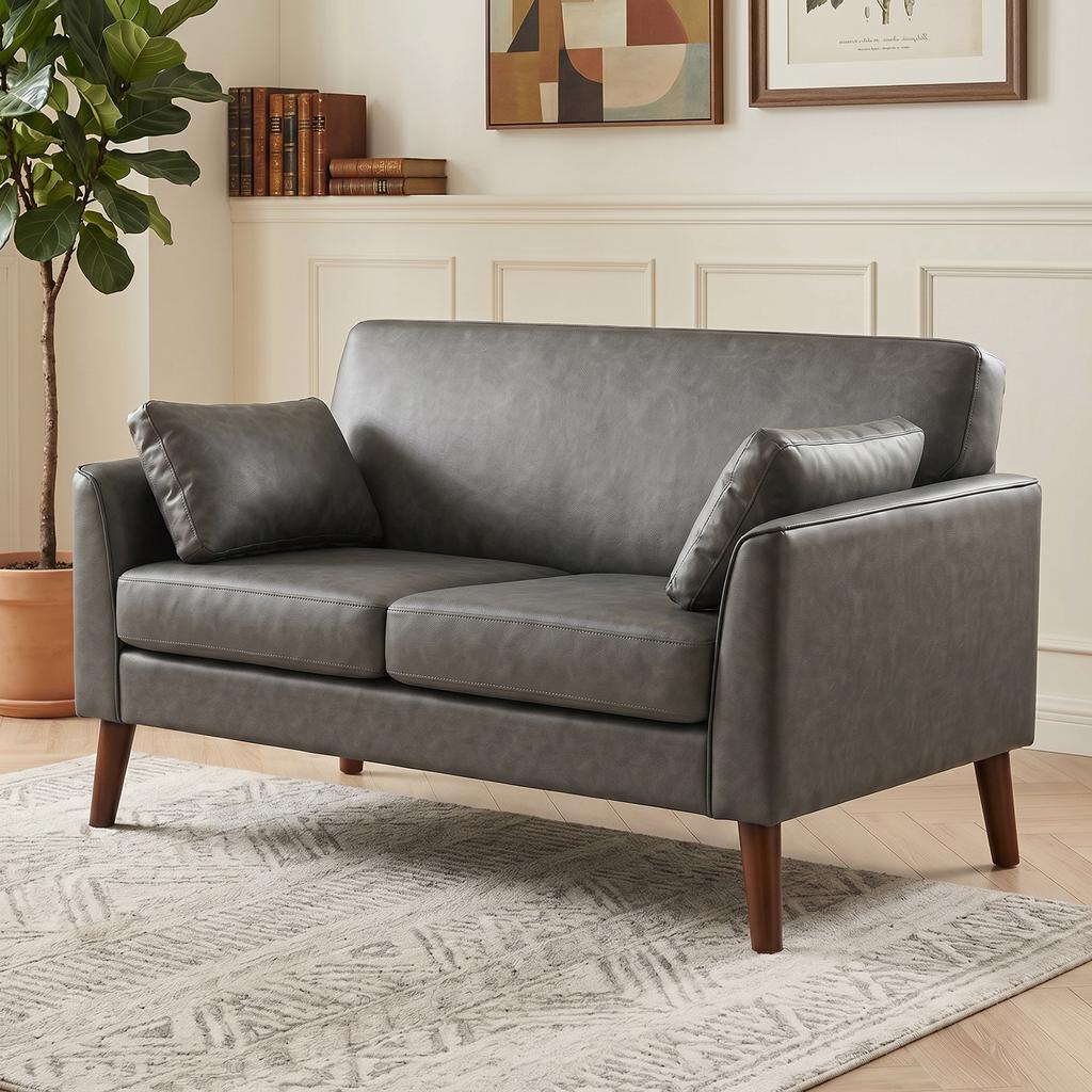2 Seater Sofa 132 Cm Modern Small Sofa With Solid Wood Legs And 2 Pillows For Small Space Grey