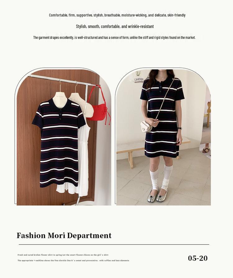 Women's Spring-Summer Striped Cotton Polo Dress - Color Block, Short Sleeve, Knit T-shirt.