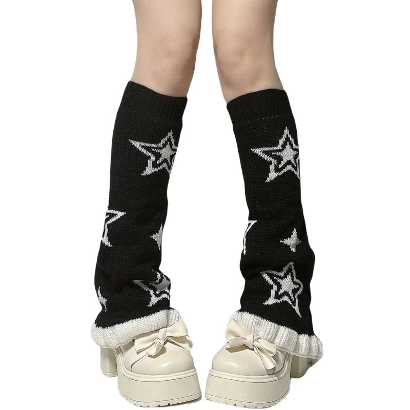 Punk Women Leg Warmers Japanese Aesthetic Star Pattern Flared Knitted Foot Cover Ruffle Trim Long Stockings Streetwear