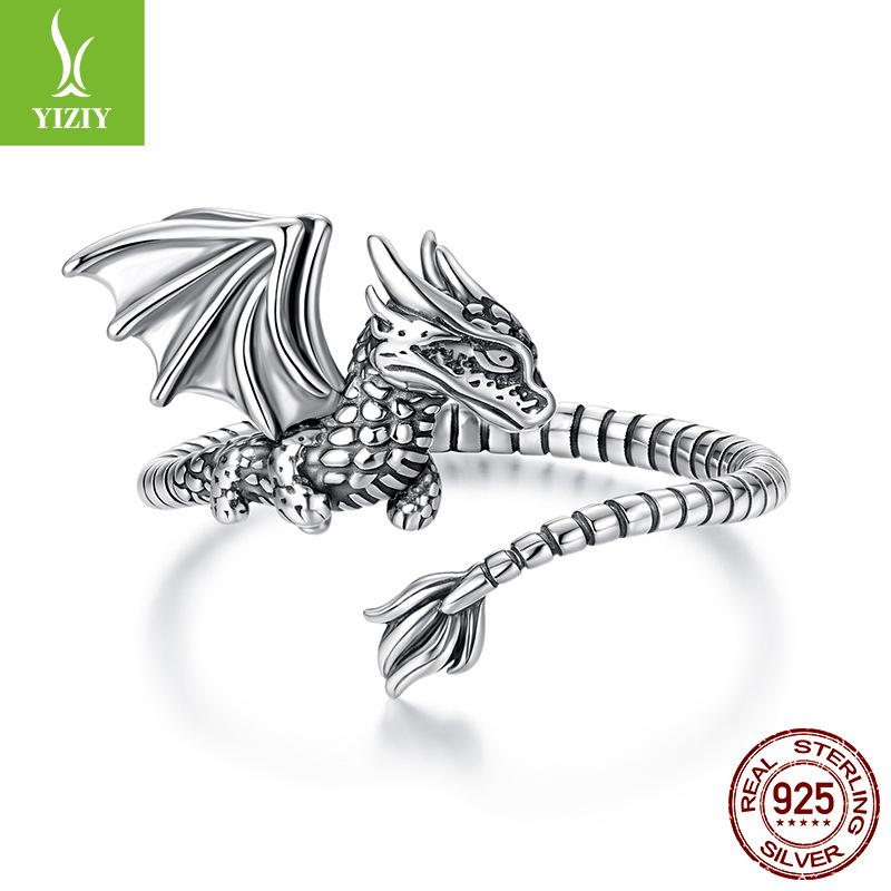 S925 Sterling Silver Feilong Open Ring For Men And Women, Retro Three-Dimensional Medium And Ancient Style Adjustable Ring