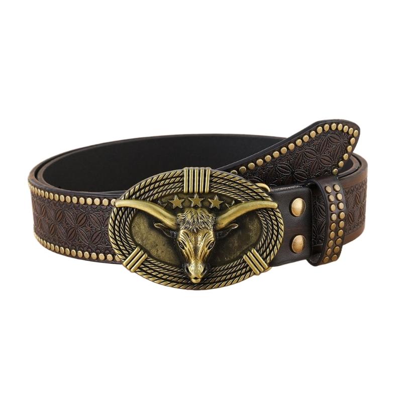 Western Cowboy Belt with Unique Metal Buckle, Trendy Punk Style Waist Band Retro Adjustable PU Leather Waistband L