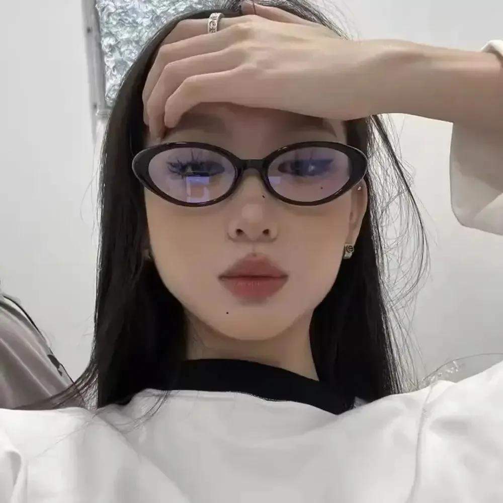 New Y2K Oval Frame Anti-Blue Light Glasses Girls Fashion Retro Cat Eye Narrow Spectacles Small Plain Computer Reading Goggles