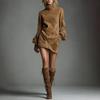 Damen Rollkragen Minikleid Lange Laternenärmel Lockerer Schnitt Vintage Gewaschen Asymmetrischer Saum Lässiges Tunikakleid