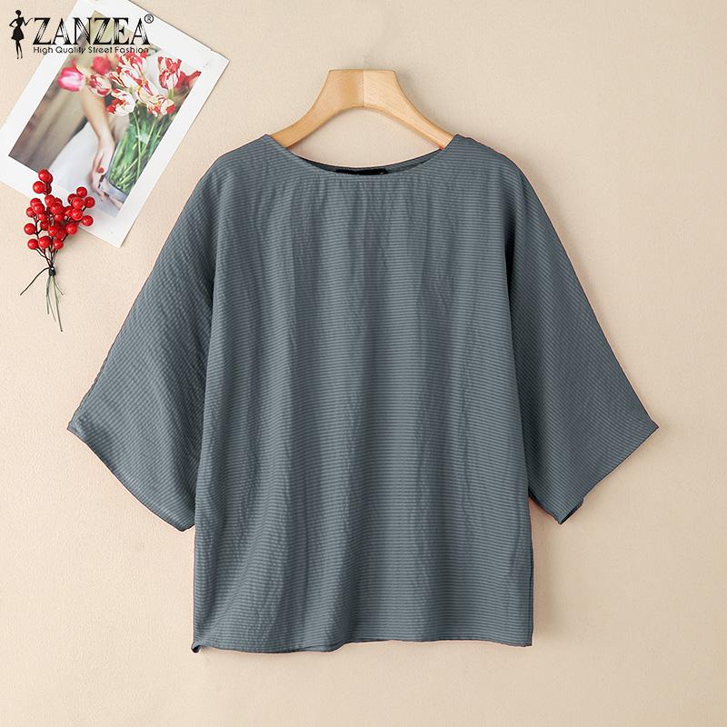 ZANZEA Women Casual 3/4 Sleeve Summer Loose Stripe Blouse