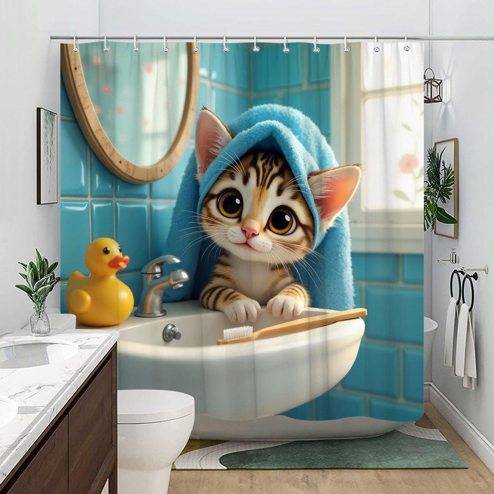 Cute Cat in Bathroom Waterproof Shower Curtain - Adorable Pet Decor, High-Quality Fabric, Durable and Stylish Design