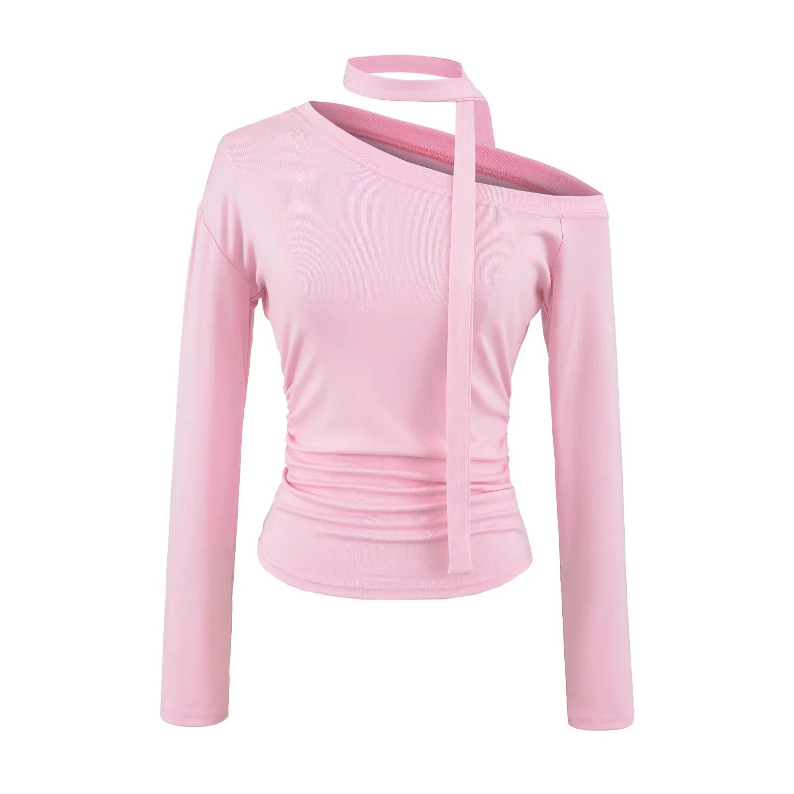 

Spicy American Style One-Shoulder Pleated Top with Flowing Ribbon - Women s Spring/Autumn Sexy Fit Medium рожевий