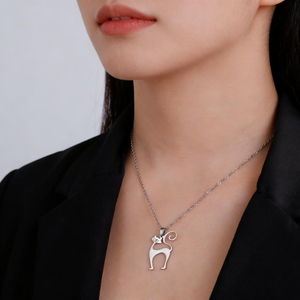 Cute Cat Pendant Necklace, Stainless Steel Minimalist Pet Jewelry, Dainty Chain Gift for Cat Lovers Women