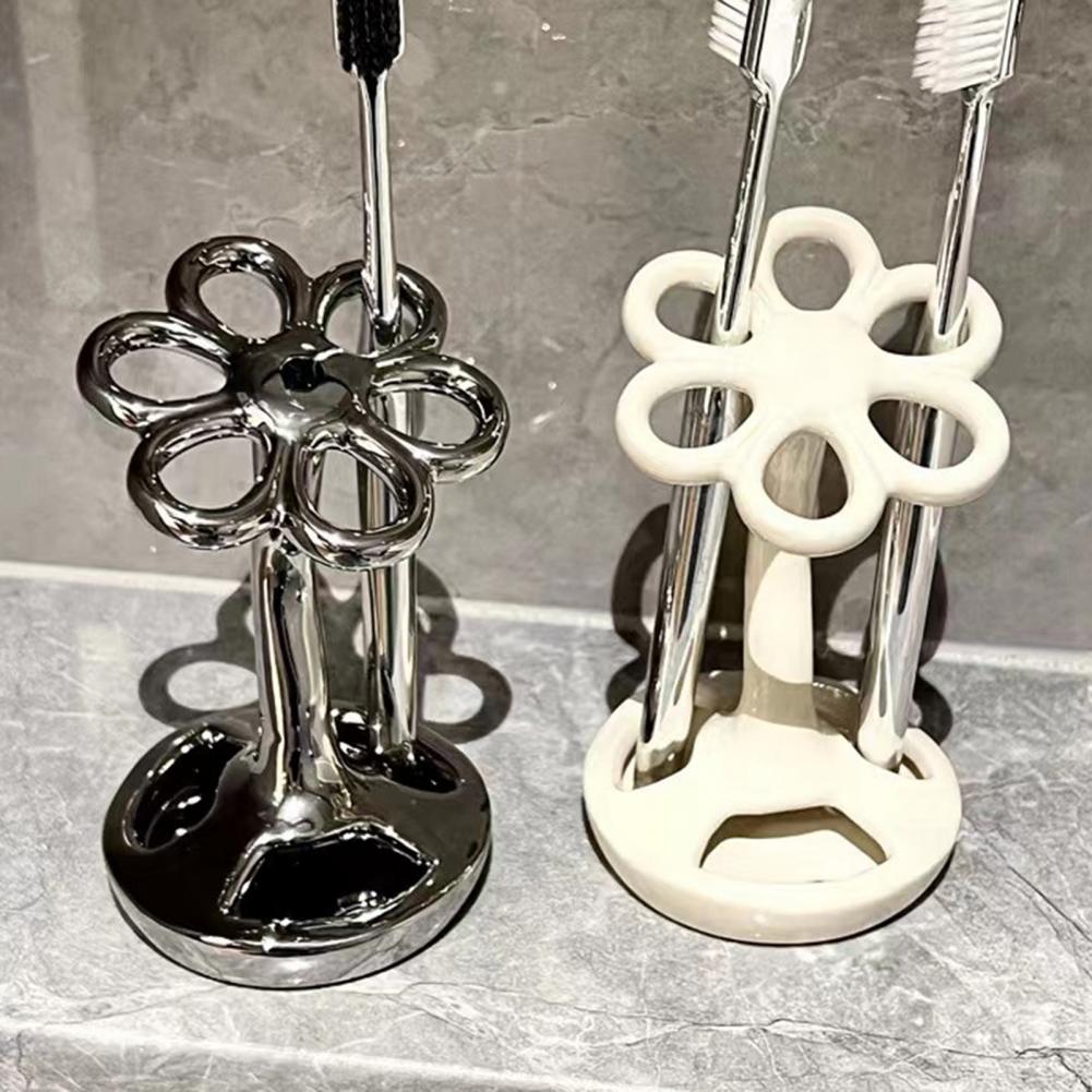 Ceramic Flower Shape Toothbrush Holder Multifunctional Bathroom Organizer High Stability Compact Countertop Stand