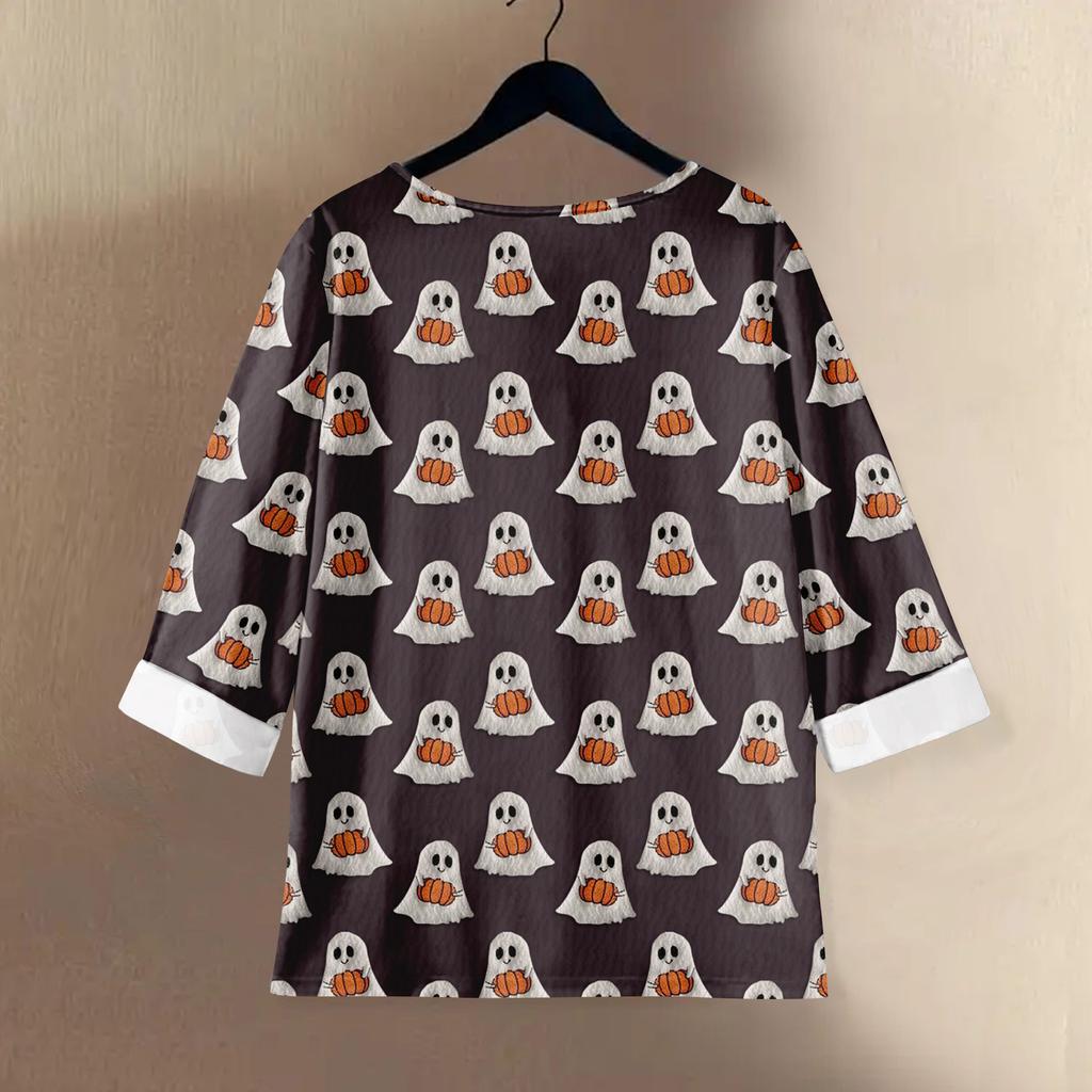 Women's Fashion Casual Long Sleeve Halloween Printed V-Neck Top