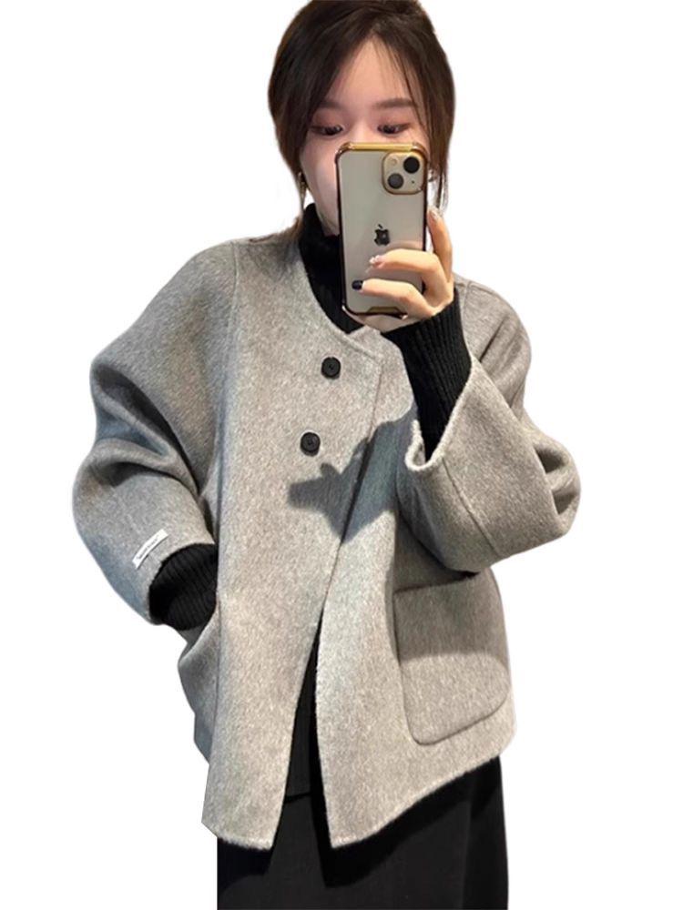 Plus Size Women's Grey Wool Overcoat - Korean Style Petite High-End Autumn/Winter Short Coat
