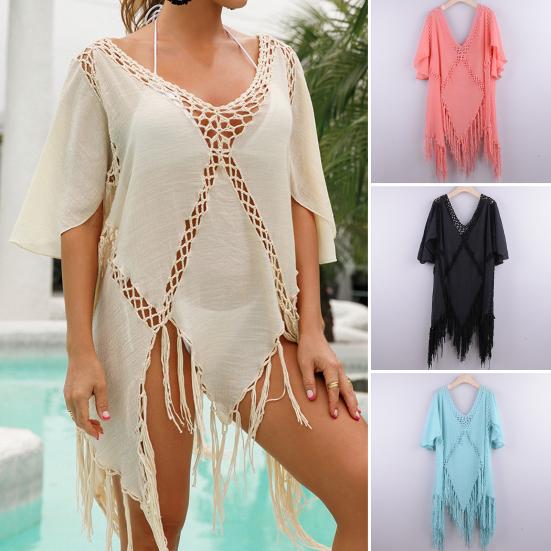 

Платье с v-образным вырезом и короткими рукавами, нерегулярный подол, вязаное крючком, открытое платье, лоскутное платье с кисточками, солнцезащитный крем, купальник