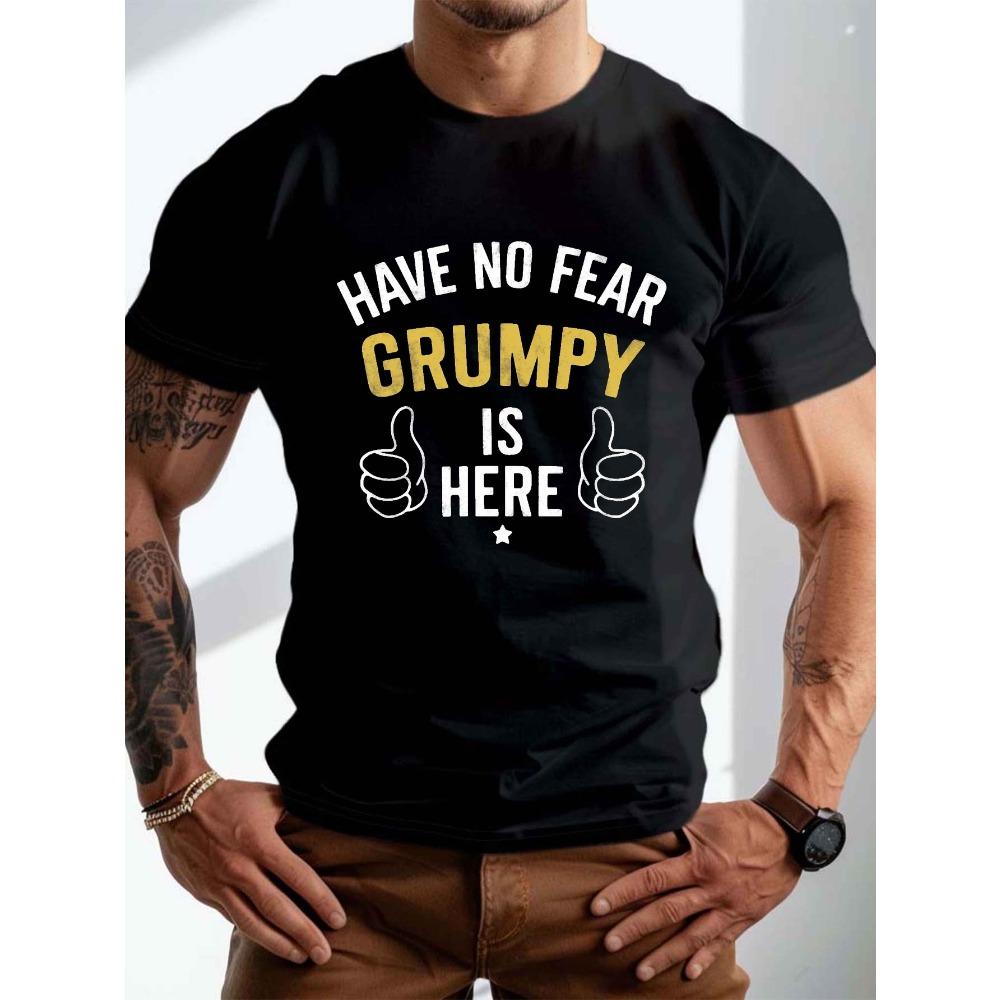 

European sizes Men s Casual Round Neck T-Shirt | Regular Fit, with Geometric Have No Fear Grumpy Is Here Graphic Print, Short Sleeve 4XL чорний