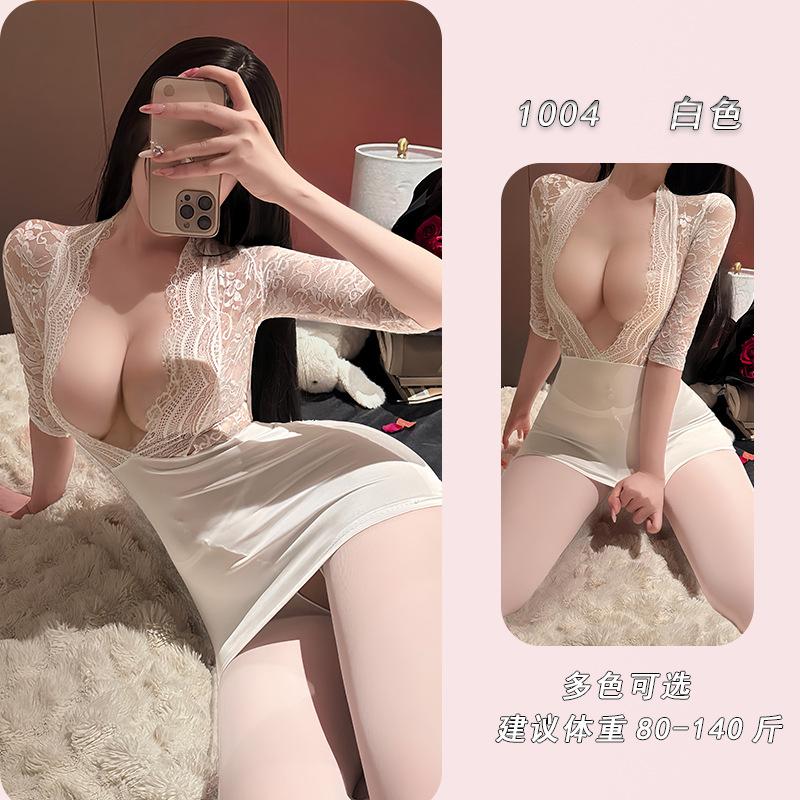 Ye Yu Sexy Deep V Secretary Uniform Seduction Sexy Lace Perspective Flirting Skinny Buttocks Skirt 