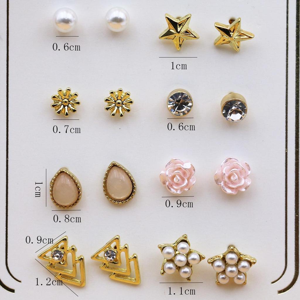 8-Pair Gold-Plated Rhinestone Alloy Ear Stud Set - Eco-Friendly, Versatile, Personality Trend Women's Earrings