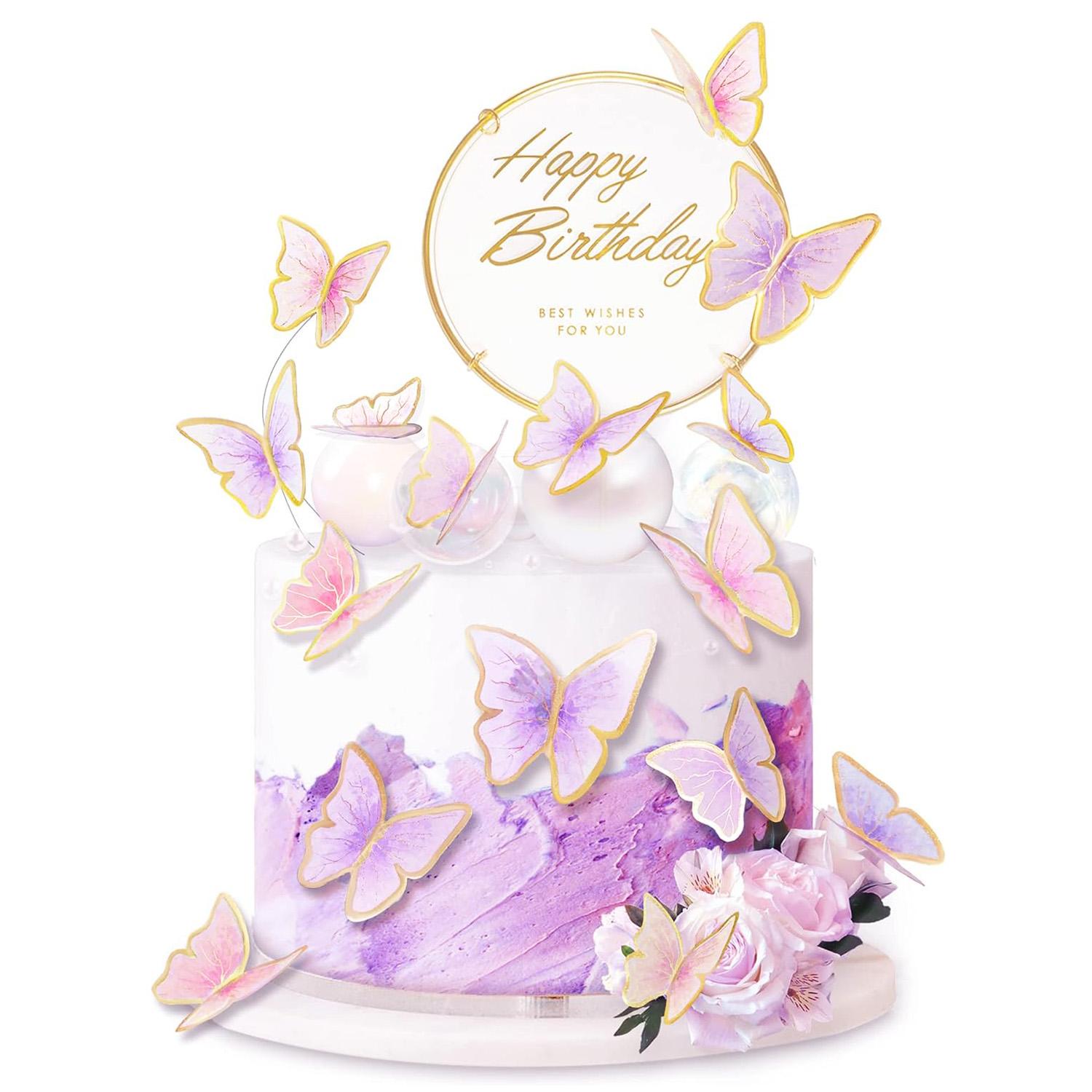 

11 штук Рожево-фіолетові Топери для торта Метелики З Днем Народження Металеві Золоті Топер для торта З Днем Народження Прикраса для торта на День Народження Метелик