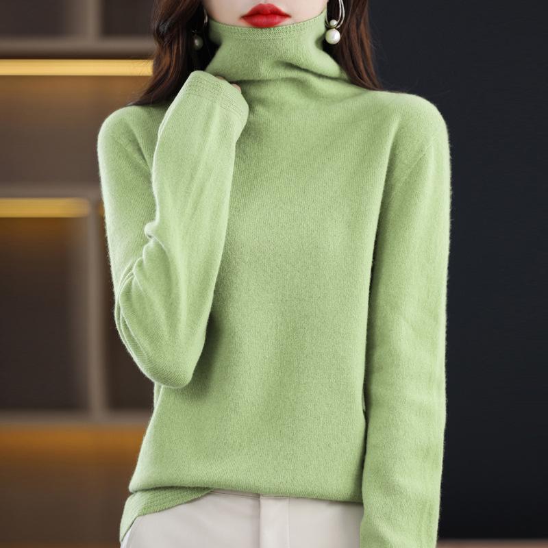Women's Pure Wool High Neck Knitted Sweater - Solid Color, Autumn/Winter Temperament Top