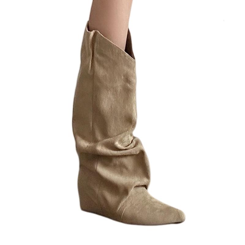 Fashion Flats Women High Boots Suede Pointed Toe Winter Shoes Fashion Designer Knee High Woman Boots 2025 New Dress Mujer Chelsea Botas