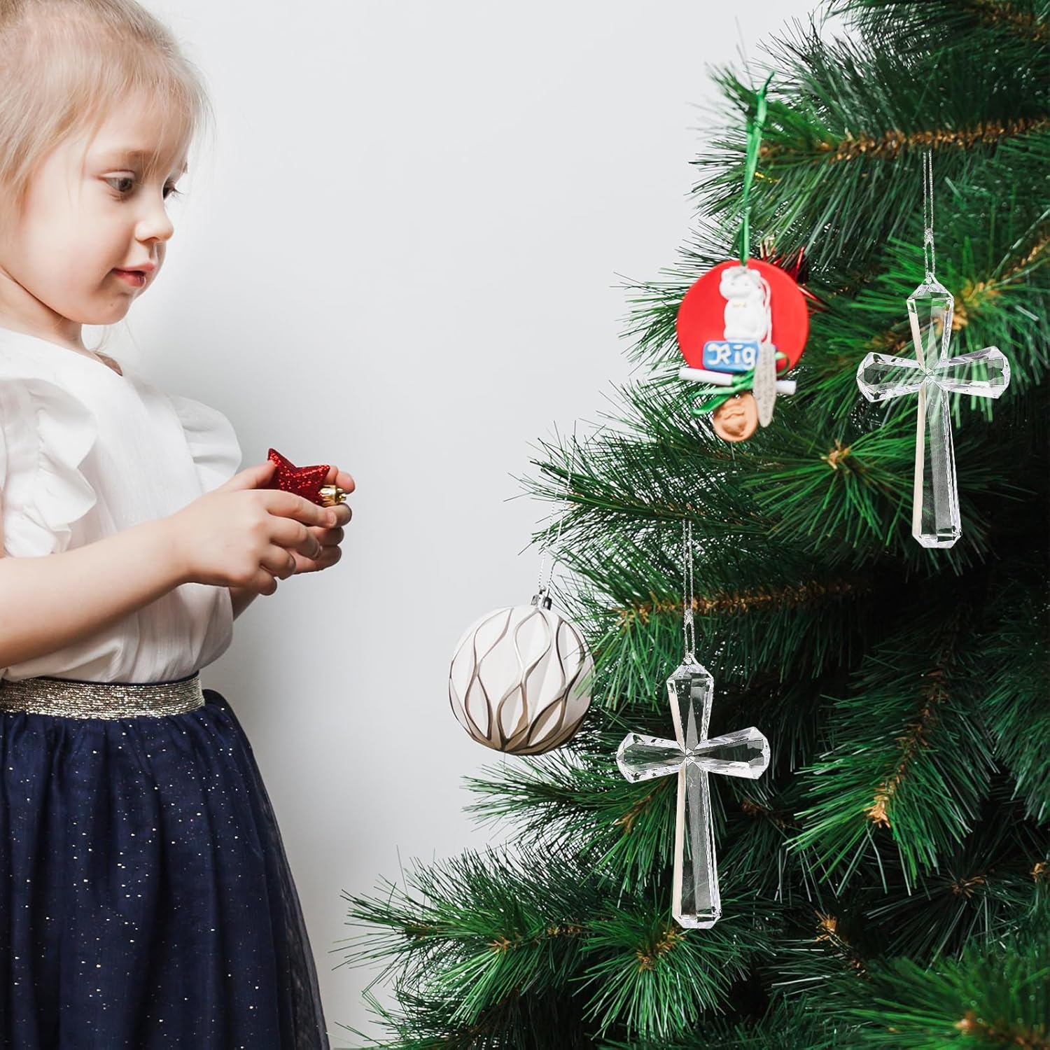 Lurrose Crystal Cross Hanging Ornament Crystal Acrylic Cross Decoration Hangings Crystal Glass Christmas Tree Ornaments for Religious Christian
