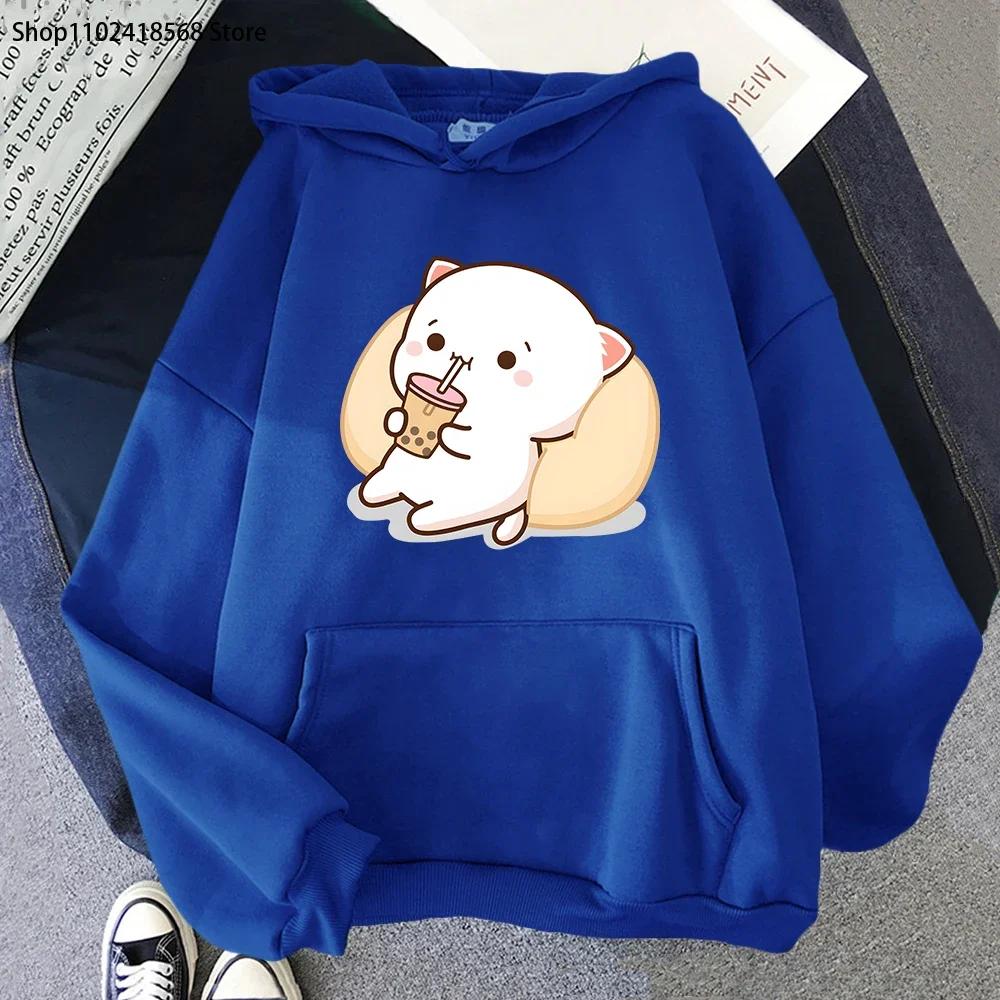 Mikiny Bubble Tea Broskvová Kočka Kawaii Potisk Mikina Ženy Harajuku Streetwear Kreslený Vzor O-Výstřih Top Oblečení